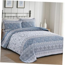 Boho Quilt Set Queen Size Striped Bedspread Floral Bedding Queen 96" 90" Blue
