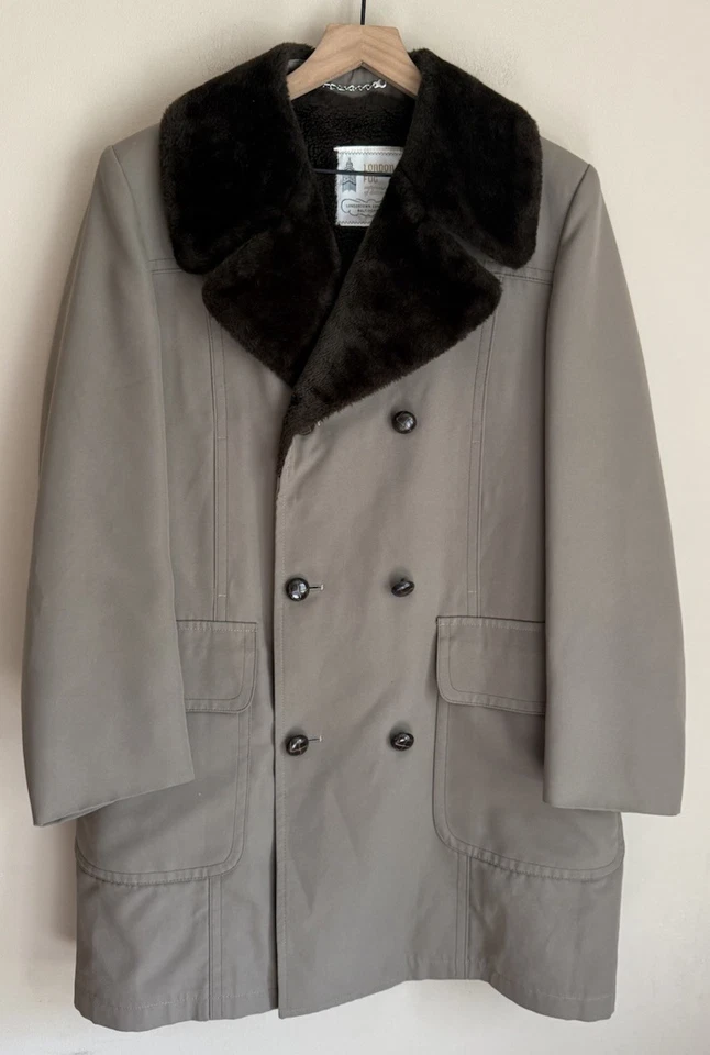 London Fog Coat Overcoat Vintage Fur 38R Brown Double Breasted Car 70s 80s - Image 2 of 4