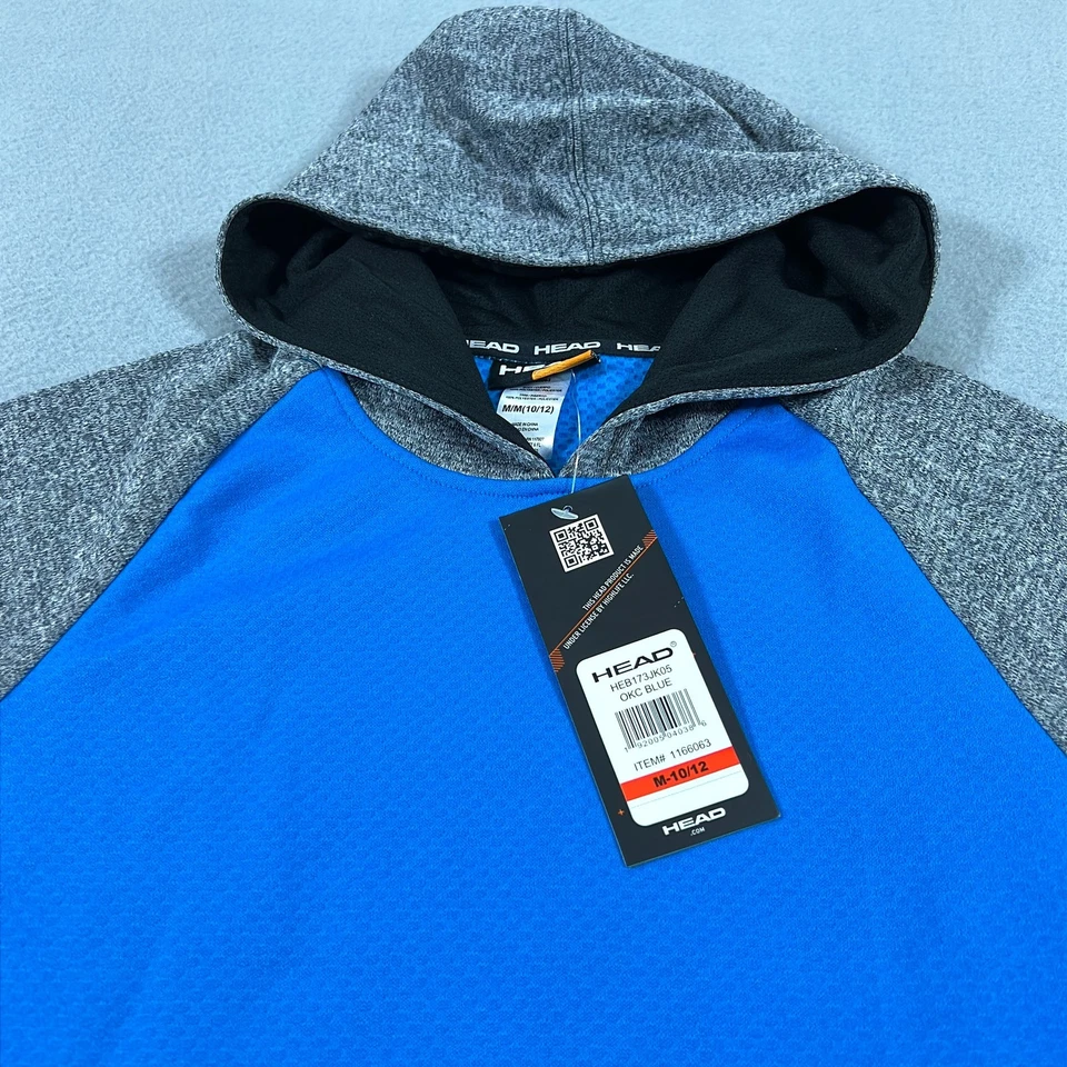 头部连帽套衫青少年中号 10/12 蓝色灰色运动网球拉链口袋 — 第 2/4 张图片