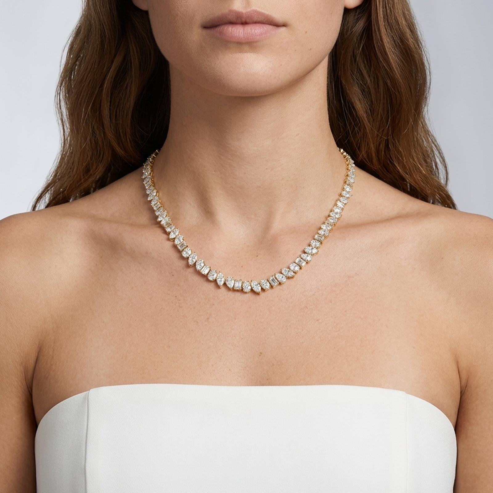 Multi Shape Cut 27.5 Carat Lab Grown 14k Yellow Gold Certified Necklace Diamond