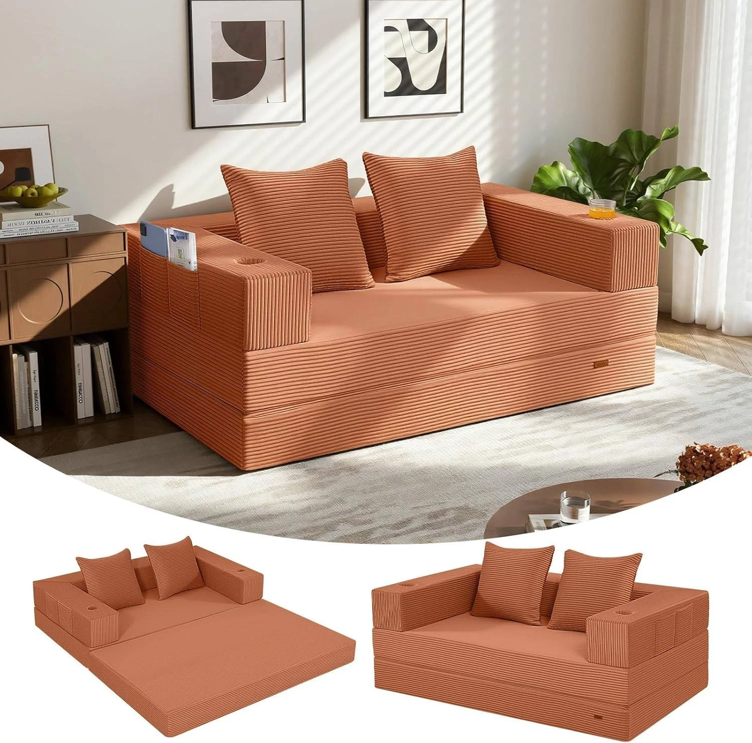 Convertible Sofa Bed Small 2-Seater Folding Couch Rust Orange Corduroy Cover
