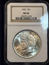 1922-P NGC MS64 Peace Dollar.  Luster And White.  Great Eye Appeal.