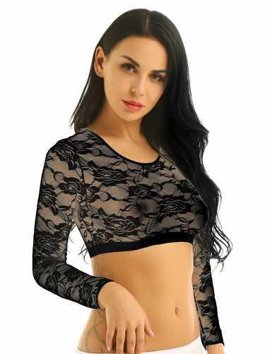 Sexy Women Lace Floral Long Sleeves Mesh Sheer Crop Tops Short T-Shirt Blouse - Picture 3 of 26