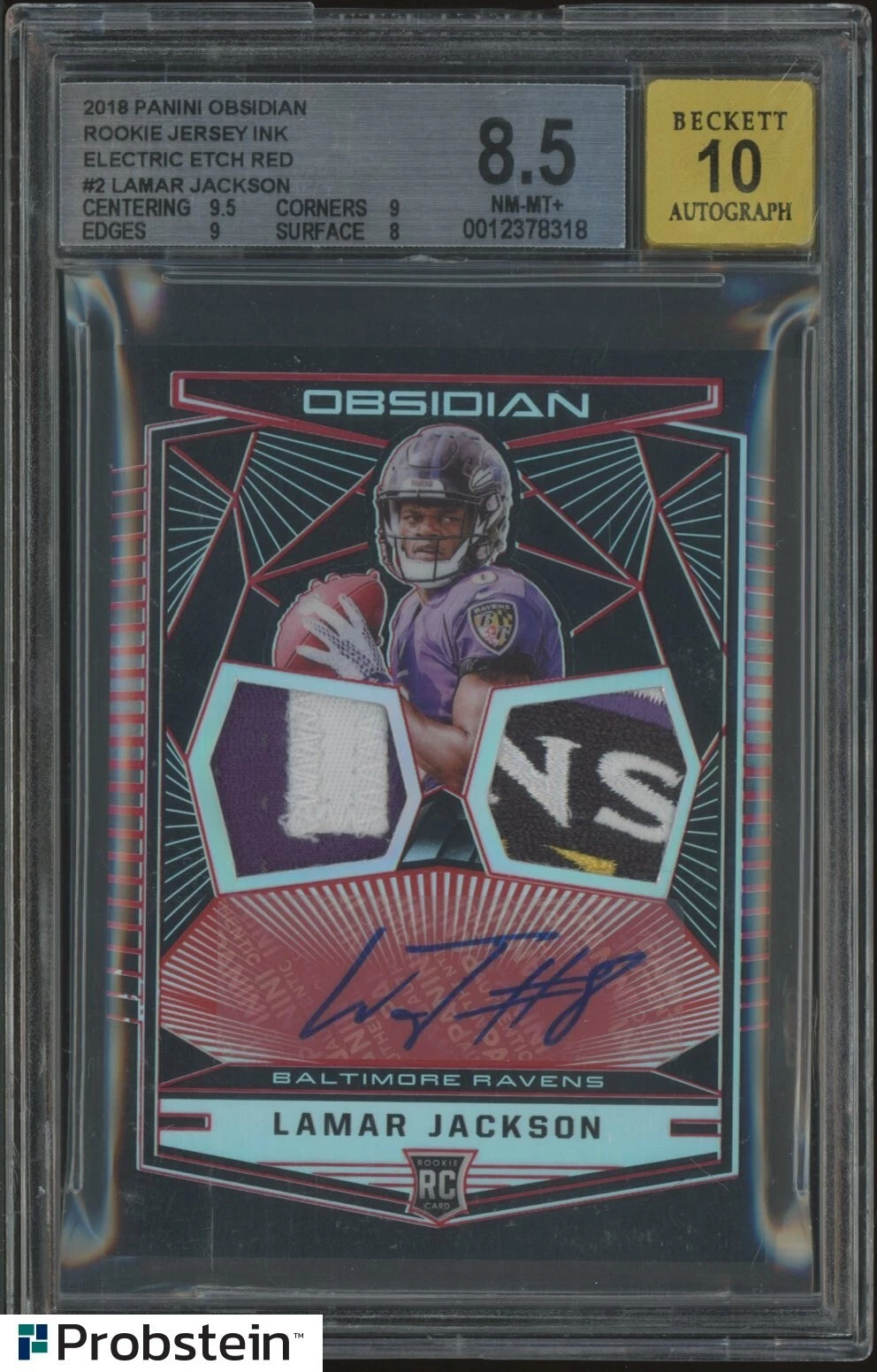 Lamar Jackson Panini Obsidian Rookie Jersey Ink Dual Relics #2 Electric Etch Red