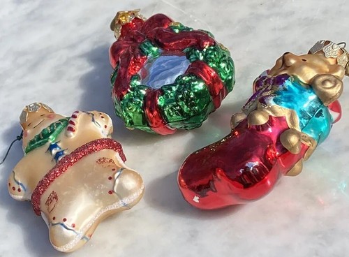 THOMAS PACCONI Ornaments HandBlown Glass 3 Pc Set Color Mcm Wreath Stocking Vtg - Picture 2 of 13