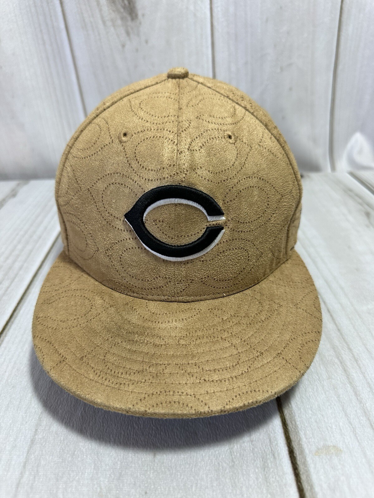 New Era 59Fifty Cincinnati Reds Suede Embroidered All Over Logo Adult 7 7/8 Tan