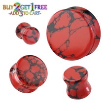 Pair 8g-25mm RED BLACK TURQUOISE STONE PLUGS Double Flare Tunnels 1606