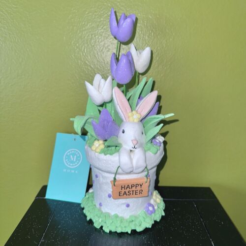 MARTHA STEWART lapin dans un pot de fleurs avec signe de Pâques joyeux neuf avec étiquettes décoration de printemps - Photo 1/3