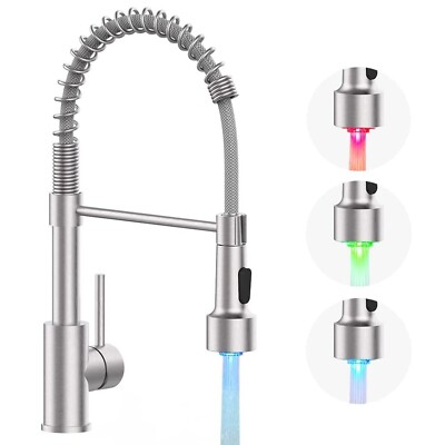 Brushed Nickel Kitchen Faucet LED Pull Down Sprayer Single Handle Sink Mixer Tap