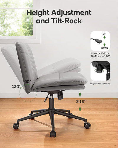 Armless-Office Desk Chair with Wheels: PU Leather Cross Legged Wide Chair,Comfor - Picture 6 of 12