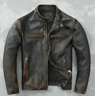 Men s Motorcycle Biker Vintage Cafe Racer Distressed Brown Real Leather Jacket