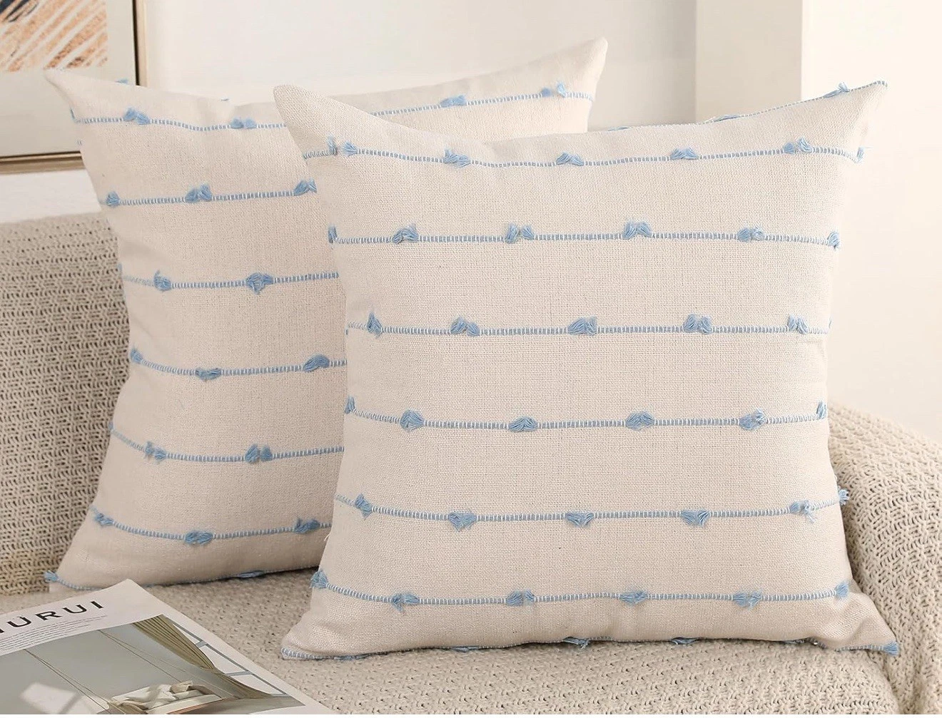 Set of 2 Boho Throw Pillow Covers 18x18,Light Blue and White Neutral Couch New