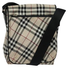 BURBERRY Nova Check Blue Label Shoulder Bag Nylon Beige Silver Auth kk460