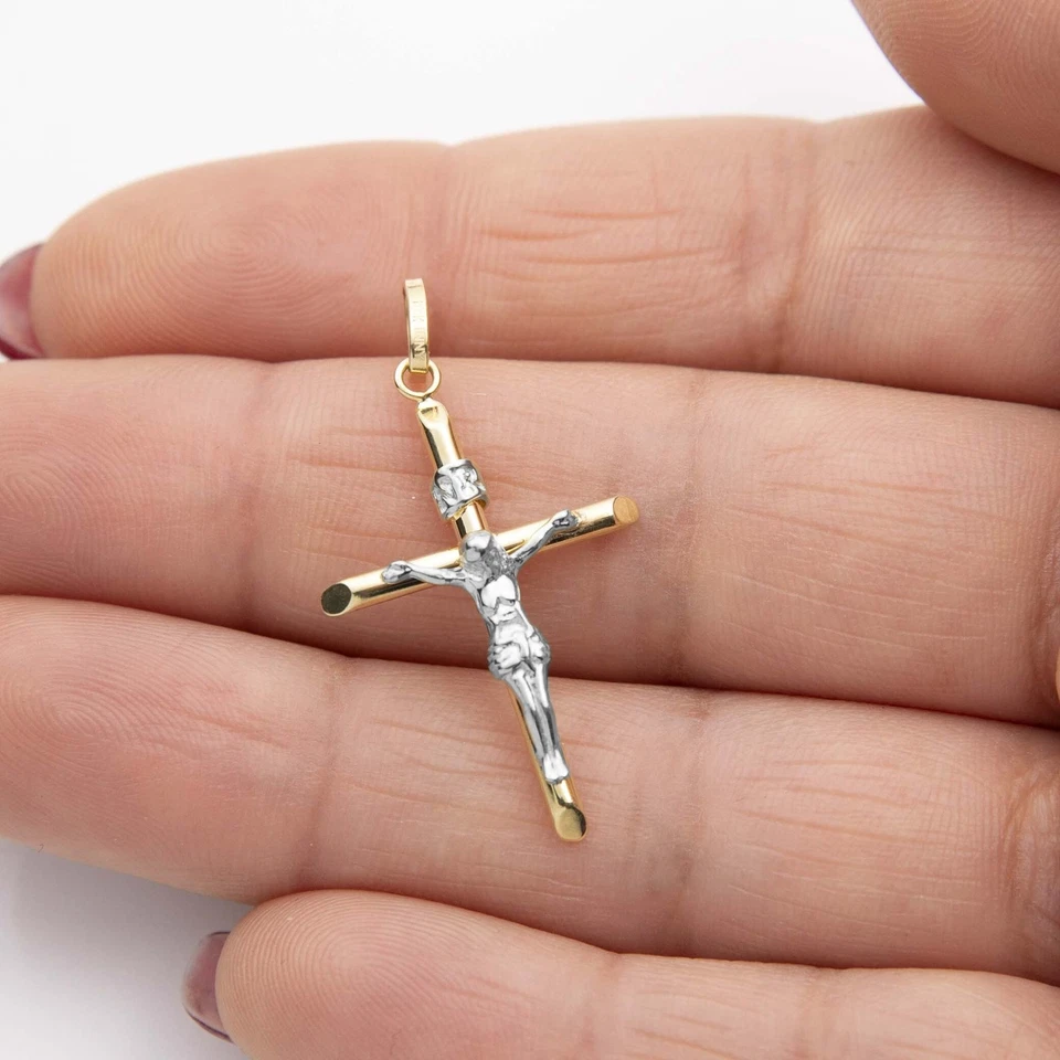 Colgante Cruz Crucifijo Jesús INRI 1 3/8" Oro Amarillo Blanco 10K Real