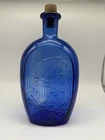 Vintage Cobalt Blue Glass Eagle & Portrait Flask Bottle Cork Stopper Historical