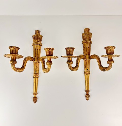 (2)Solid Brass/Bronze French Louis XVI Style 2 Arm Candle Wall Sconces VTG Rare