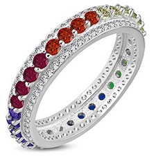 925 Sterling Silver Women's Silver-Tone Prong-Set Multicolor CZ Stones Ring