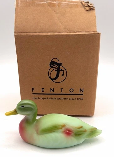 Fenton Art Glass Jadeite Mallard Duck Figurine Green Satin Signed J. Cutshaw