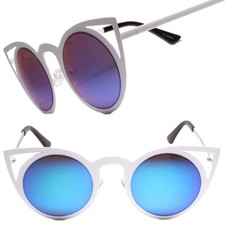 Stylish Chic Womens Blue Mirrored Lens Round Cat Eye Sunglasses White Frame
