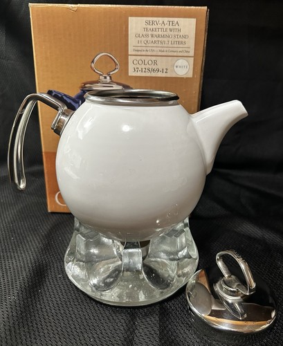 1997 VTG White CHANTAL Serv-A-Tea Teakettle With Glass Warming Stand NEW In Box - Picture 6 of 13