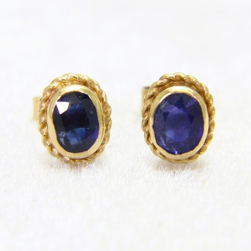Vintage Oval Sapphire Rope Twist 9ct Yellow Gold Stud Earrings - 第 1/7 張圖片