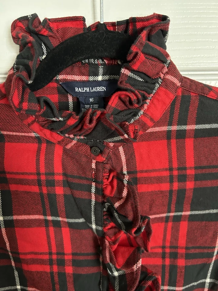 Nuevo con etiquetas Vestido Ralph Lauren Rojo Negro Cuadros Volantes Franela Navidad Vacaciones Talla 16 Foto 4 de 4