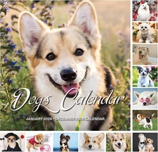 2026 Dogs Wall Calendar Jan–Dec, 12" x 24" Open, Full Page Monthly, Thick Paper