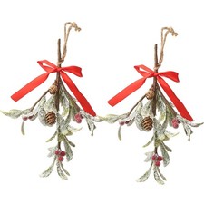 2 Pcs Christmas Artificial Mistletoe Ornament With Red Bow Hanging Decor New
