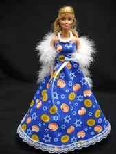 Hanukkah Blue w/ Jelly Doughnuts Fits Barbie Doll Handmade with Boa & Necklace