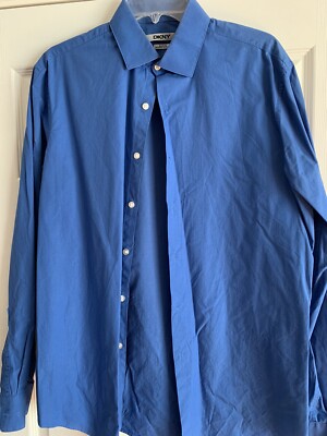DKNY Mens Blue Slim Fit Stretch Button-Down Dress Shirt 34