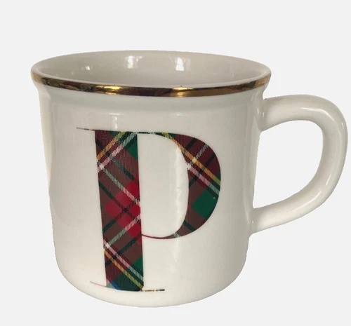 Pottery Barn Stewart Plaid Stoneware Mug Monogram P