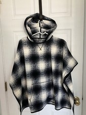 Eddie Bauer Black White Plaid Poncho Cape Women  s Size XS Wool Blend Oversize CL