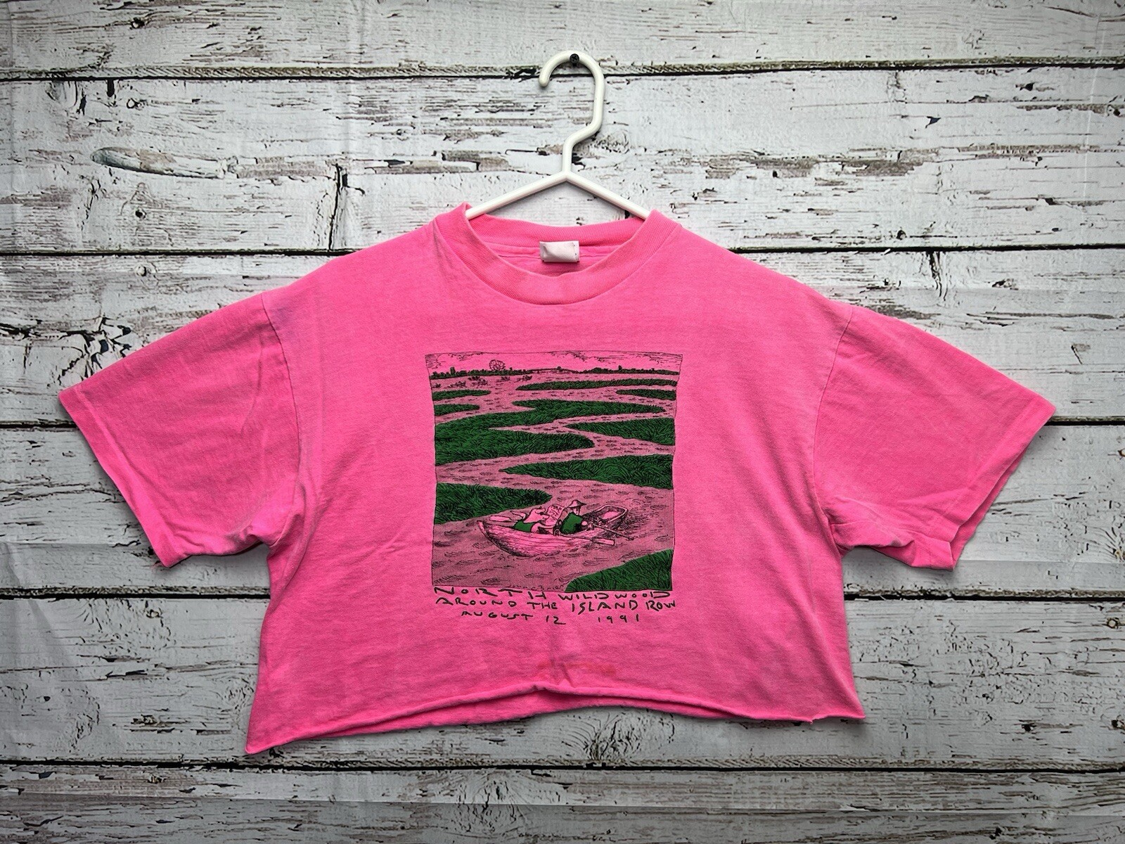 FILA T shirt vintage North Wildwood Around The Island Row 1991 rosa taglio punto singolo