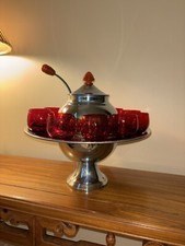 VINTAGE LEHMAN BROS CHROME SATURN PUNCH BOWL RED BAKELITE GLASSES & LADLE