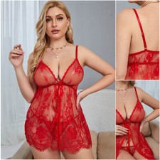 Women's Plus Size Lace Babydoll Lingerie Strappy Neligee Sheer Lace Chemise XMAS