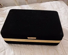 Travel Jewelry Box Case Vintage Black Velvet Clamshell Style with Mirror