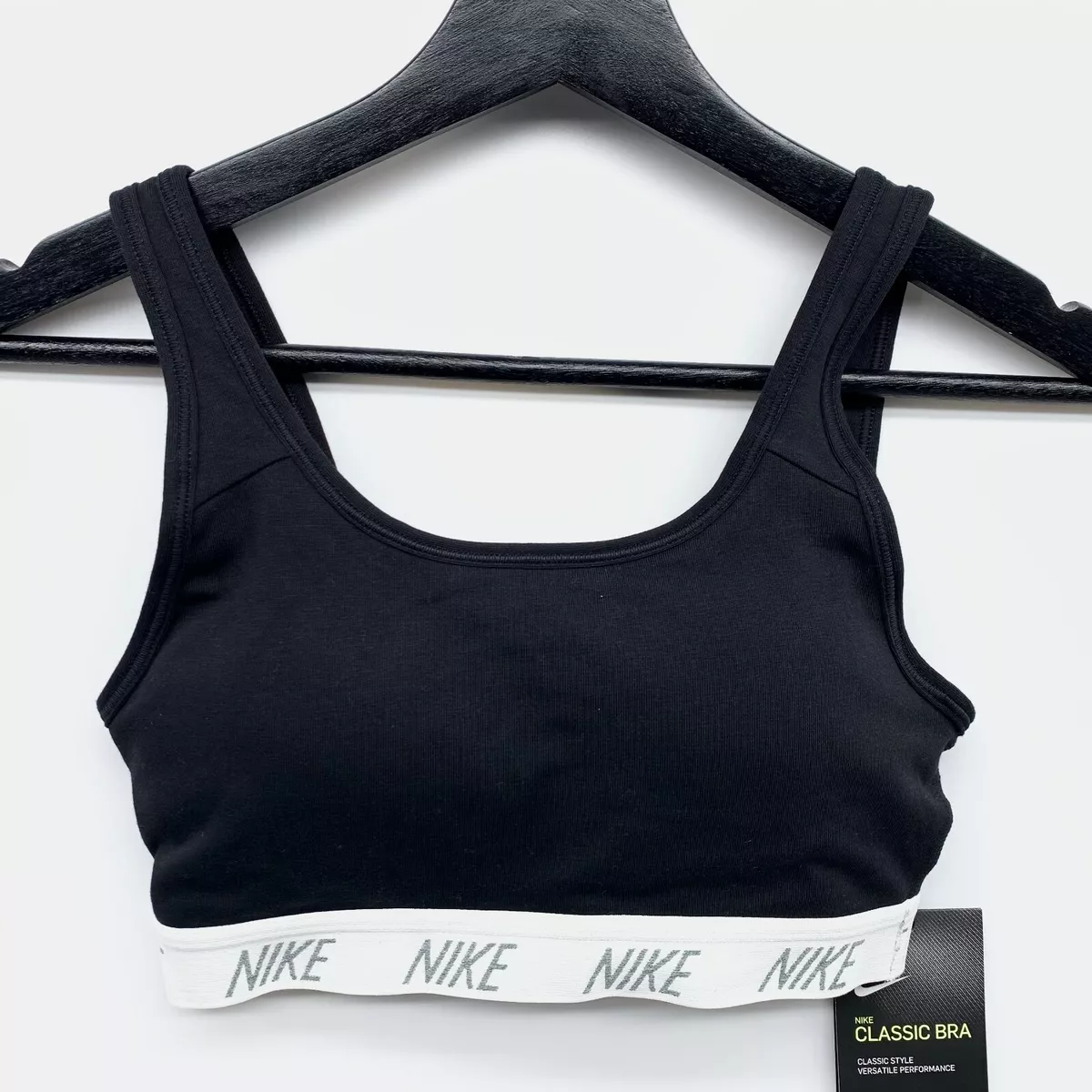 NWT Nike Classic Medium Support Cotton Blend Logo Sports Bra XS Black White