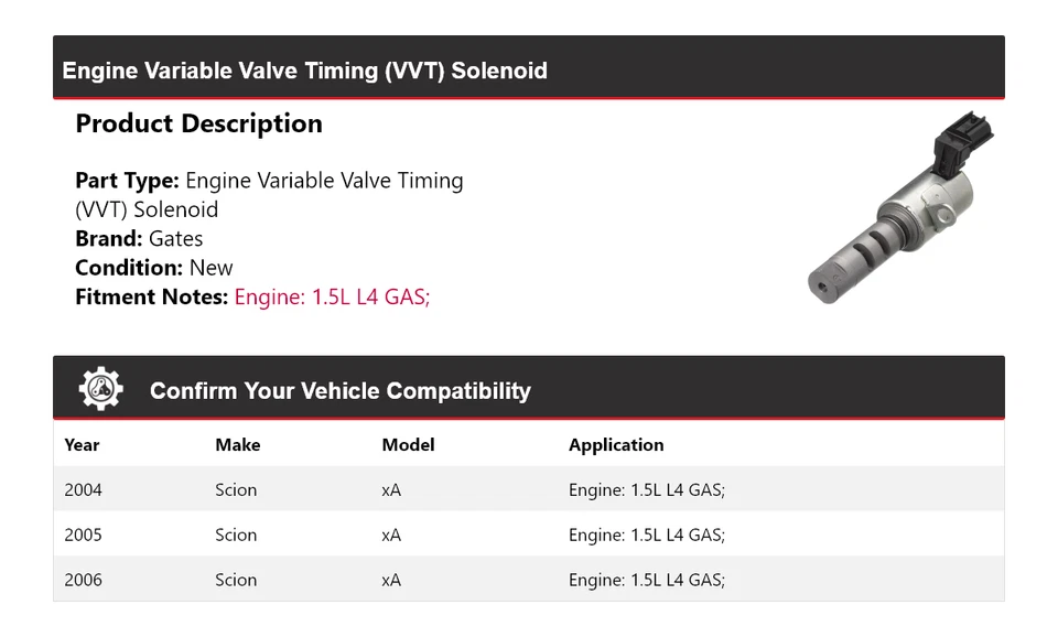 Puertas solenoides VVT para motor de gas L4 de 1,5 L Scion xA 2004-2006 2005 Foto 2 de 4