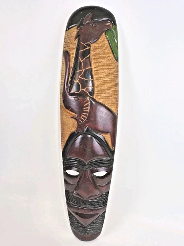 Vintage Hand Carved African Tribal Wood Mask Wall Art Giraffe Elephant 32"