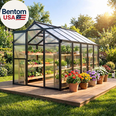 6X8 FT Greenhouse, Walk-In Greenhouse Kit with Aluminum Frame, Polycarbonate Pan