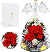 Gifts for Women Mom-Preserved Roses in Glass Angel Figurine, Forever Fresh Flowe