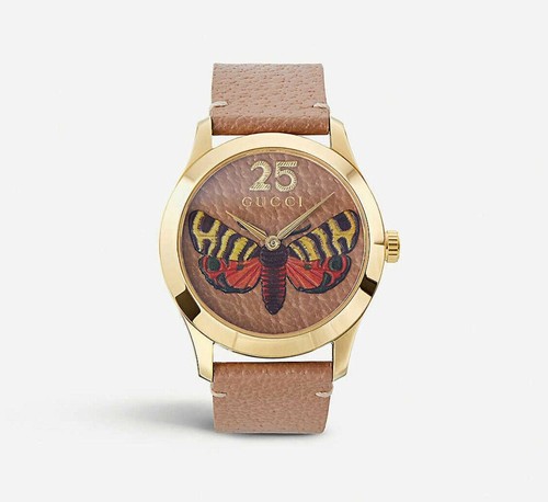 GUCCI WATCH YA1264063 G-TIMELESS MOTH GOLD PVD & BROWN LEATHER 38mm $1,100 - Picture 2 of 12