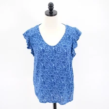 Style & Co Large Blue Floral Butterfly Sleeve V-Neck Blouse Top Cotton