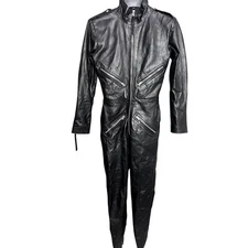 Leather Icon Vintage Motorcycle Jumpsuit S/ M Rare VTG Zip Pockets Long Sleeve 