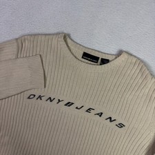 DKNY Jeans Mens M Pullover Ribbed Sweater Spellout Letters Y2K Vintage Beige
