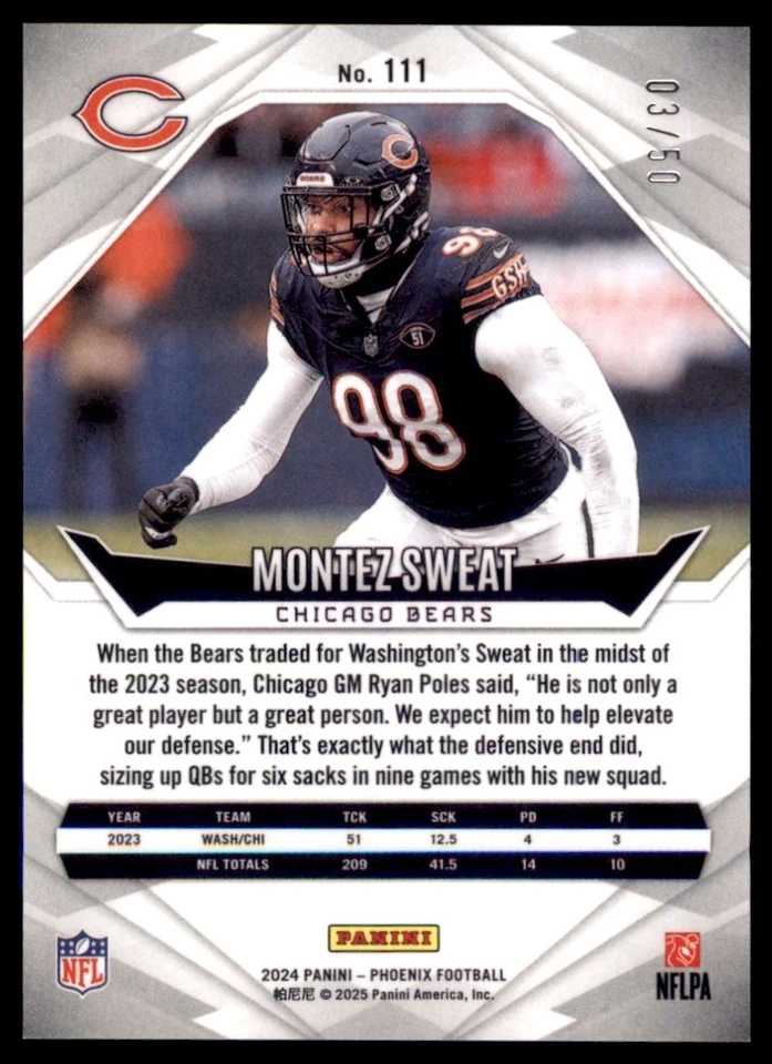 2024 Panini Phoenix Blue #111 Montez Sweat 3/50 Bears - Image 2 of 2