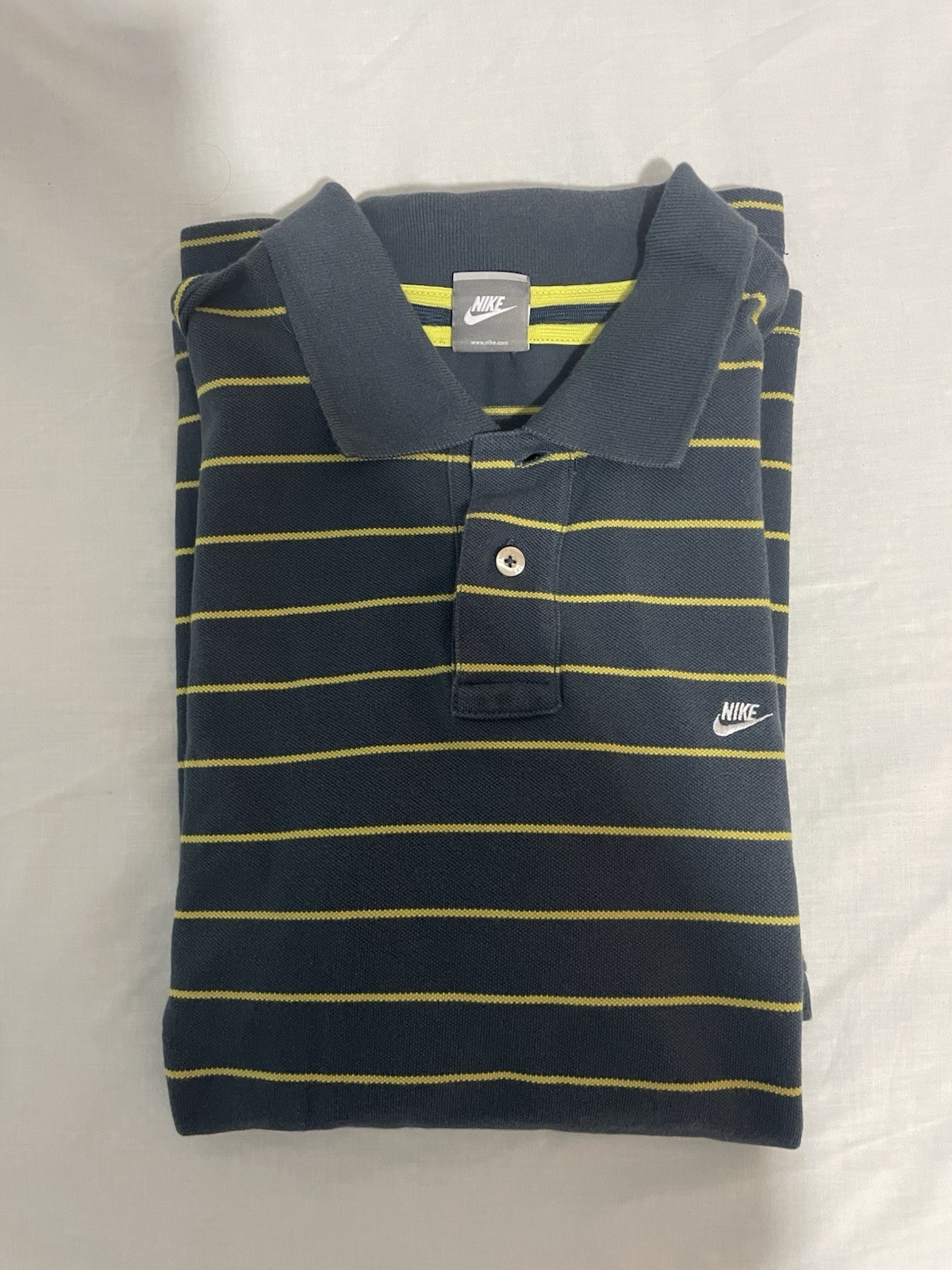 Nike Polo Uomo L blu/giallo a righe, cotone, manica corta, logo, Golf