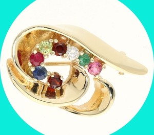Natural Diamond Sapphire Emerald Gemstone Wave Pin 14K Yellow Gold 1” Long