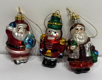 Vintage Set Of 3 Blown Glass Christmas Ornaments- Santas And Nutcracker