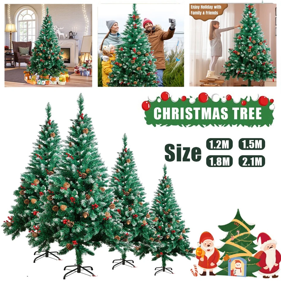 Árbol de Navidad artificial con copos de nieve con luces blancas cálidas bayas de cono de pino Foto 2 de 4